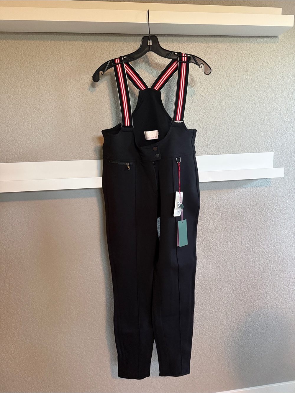 Erin Snow Black Suspender Ski Pants with Red-Striped Straps Sz 10